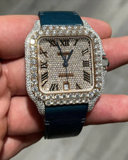 GRA Certified VVS Moissanite Watch | Two Tone Cartier Santos with Leather Belt | Swiss Movement Automatic Watch |Fully Bustdown Stainless Steel Watch