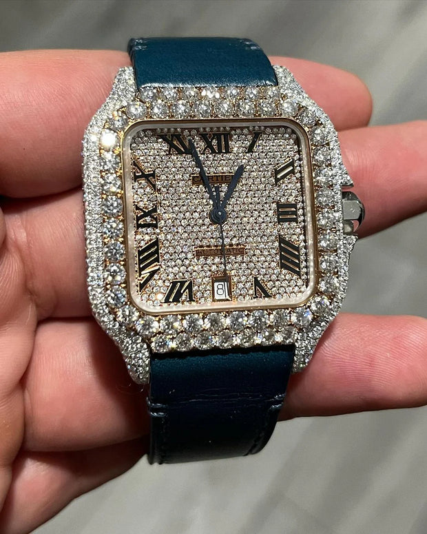 GRA Certified VVS Moissanite Watch | Two Tone Cartier Santos with Leather Belt | Swiss Movement Automatic Watch |Fully Bustdown Stainless Steel Watch