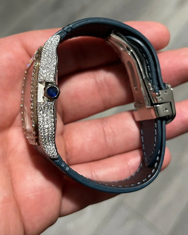GRA Certified VVS Moissanite Watch | Two Tone Cartier Santos with Leather Belt | Swiss Movement Automatic Watch |Fully Bustdown Stainless Steel Watch
