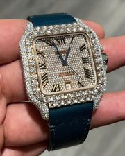 GRA Certified VVS Moissanite Watch | Two Tone Cartier Santos with Leather Belt | Swiss Movement Automatic Watch |Fully Bustdown Stainless Steel Watch