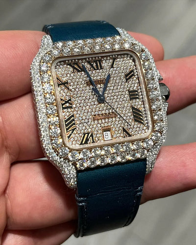 GRA Certified VVS Moissanite Watch | Two Tone Cartier Santos with Leather Belt | Swiss Movement Automatic Watch |Fully Bustdown Stainless Steel Watch