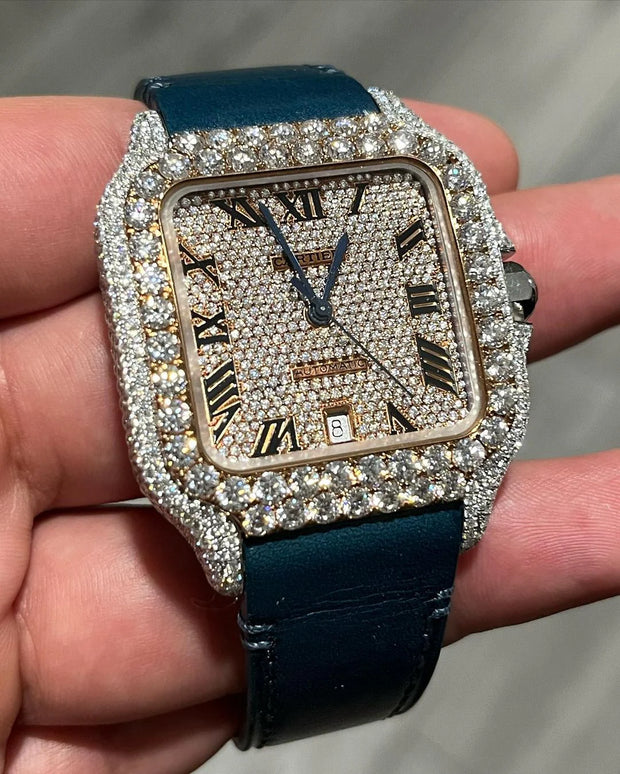 GRA Certified VVS Moissanite Watch | Two Tone Cartier Santos with Leather Belt | Swiss Movement Automatic Watch |Fully Bustdown Stainless Steel Watch