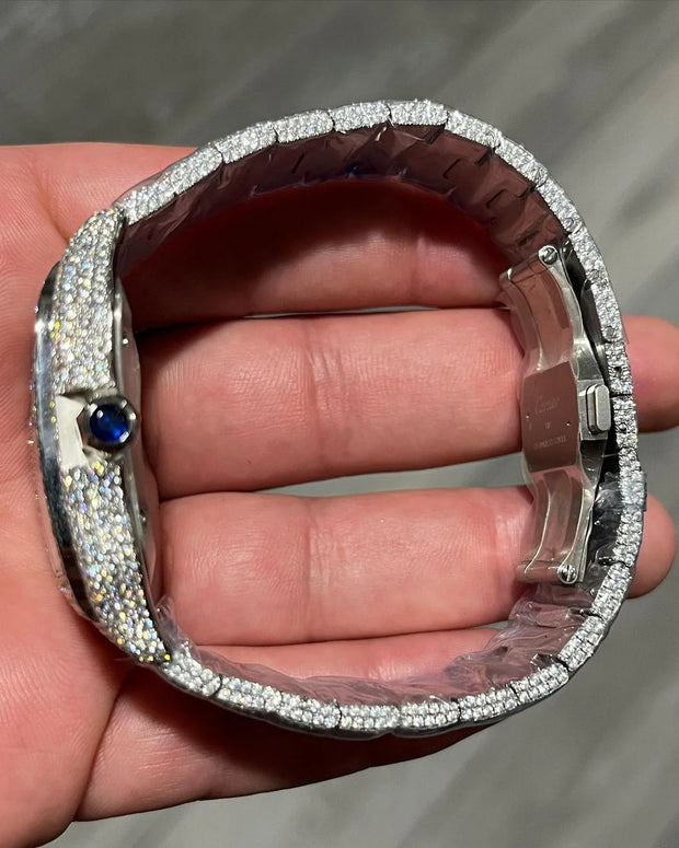 GRA Certified VVS Moissanite Watch | 41mm Cartier Santos with Blue Arabic Number Dial | Swiss Movement Automatic Watch |Fully Bustdown Stainless Steel Watch