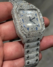 GRA Certified VVS Moissanite Watch | 41mm Cartier Santos with Blue Arabic Number Dial | Swiss Movement Automatic Watch |Fully Bustdown Stainless Steel Watch
