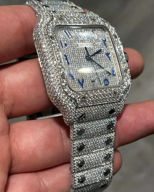GRA Certified VVS Moissanite Watch | 41mm Cartier Santos with Blue Arabic Number Dial | Swiss Movement Automatic Watch |Fully Bustdown Stainless Steel Watch