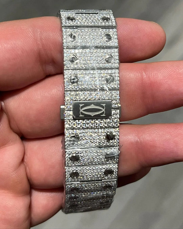 GRA Certified VVS Moissanite Watch | 41mm Cartier Santos with Blue Arabic Number Dial | Swiss Movement Automatic Watch |Fully Bustdown Stainless Steel Watch