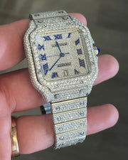 GRA Certified VVS Moissanite Watch | 41mm Cartier Santos with Blue Roman Number Dial | Swiss Movement Automatic Watch |Fully Bustdown Stainless Steel Watch