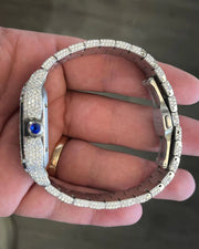GRA Certified VVS Moissanite Watch | 41mm Cartier Santos with Blue Roman Number Dial | Swiss Movement Automatic Watch |Fully Bustdown Stainless Steel Watch