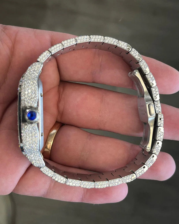 GRA Certified VVS Moissanite Watch | 41mm Cartier Santos with Blue Roman Number Dial | Swiss Movement Automatic Watch |Fully Bustdown Stainless Steel Watch