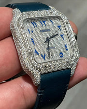 GRA Certified VVS Moissanite Watch | Cartier Santos with Leather Belt & Blue Arabic Number Dial | Swiss Movement Automatic Watch |Fully Bustdown Stainless Steel Watch