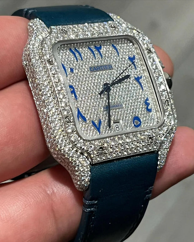 GRA Certified VVS Moissanite Watch | Cartier Santos with Leather Belt & Blue Arabic Number Dial | Swiss Movement Automatic Watch |Fully Bustdown Stainless Steel Watch