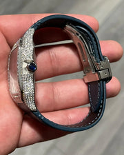 GRA Certified VVS Moissanite Watch | Cartier Santos with Leather Belt & Blue Arabic Number Dial | Swiss Movement Automatic Watch |Fully Bustdown Stainless Steel Watch