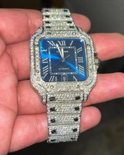 GRA Certified VVS Moissanite Watch | 41mm Cartier Santos with Blue Dial | Swiss Movement Automatic Watch |Fully Bustdown Stainless Steel Watch