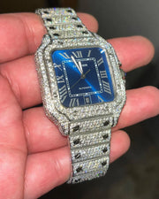 GRA Certified VVS Moissanite Watch | 41mm Cartier Santos with Blue Dial | Swiss Movement Automatic Watch |Fully Bustdown Stainless Steel Watch