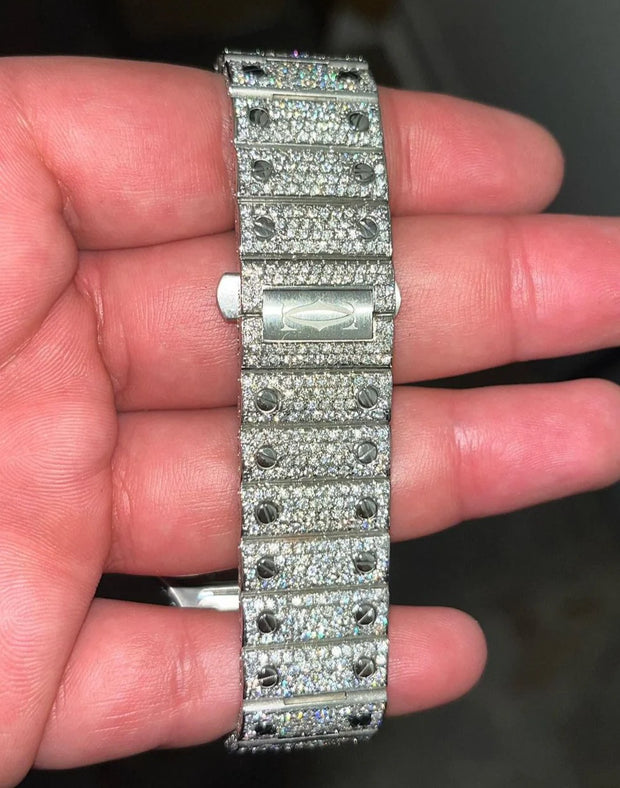 GRA Certified VVS Moissanite Watch | 41mm Cartier Santos with Blue Dial | Swiss Movement Automatic Watch |Fully Bustdown Stainless Steel Watch