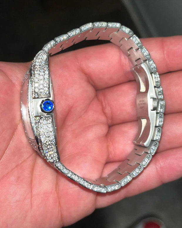 GRA Certified VVS Moissanite Watch | 41mm Cartier Santos with Blue Dial | Swiss Movement Automatic Watch |Fully Bustdown Stainless Steel Watch