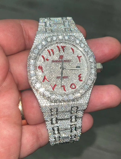 GRA Certified VVS Moissanite AP Watch | Audemars Piguet with Red Arabic Numerical Dial | Swiss Movement Automatic Watch |Fully Bustdown Stainless Steel Watch
