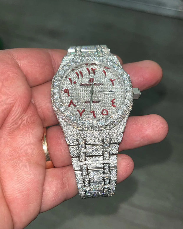 GRA Certified VVS Moissanite AP Watch | Audemars Piguet with Red Arabic Numerical Dial | Swiss Movement Automatic Watch |Fully Bustdown Stainless Steel Watch