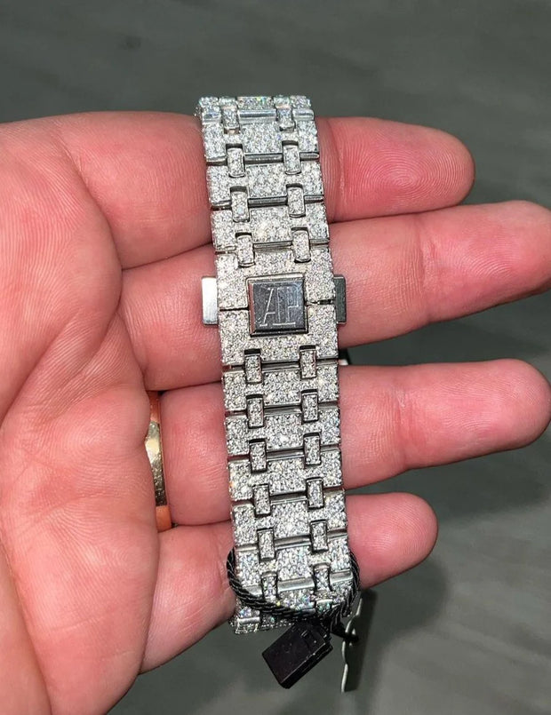 GRA Certified VVS Moissanite AP Watch | Audemars Piguet with Red Arabic Numerical Dial | Swiss Movement Automatic Watch |Fully Bustdown Stainless Steel Watch