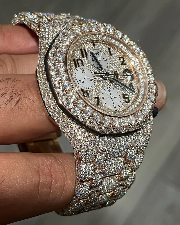 GRA Certified VVS Moissanite AP Watch | Fullyloaded Rosegold Audemars Piguet Offshore | Swiss Movement Automatic Watch |Fully Bustdown Stainless Steel Watch