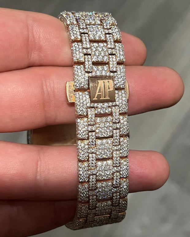 GRA Certified VVS Moissanite AP Watch | Fullyloaded Rosegold Audemars Piguet Offshore | Swiss Movement Automatic Watch |Fully Bustdown Stainless Steel Watch