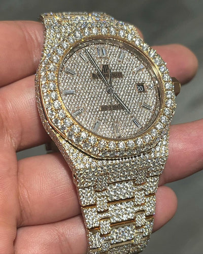 GRA Certified VVS Moissanite AP Watch | 41mm Audemars Piguet in Rose Gold | Swiss Movement Automatic Watch |Fully Bustdown Stainless Steel Watch