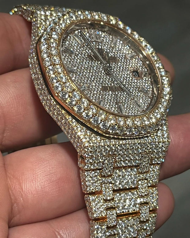 GRA Certified VVS Moissanite AP Watch | 41mm Audemars Piguet in Rose Gold | Swiss Movement Automatic Watch |Fully Bustdown Stainless Steel Watch