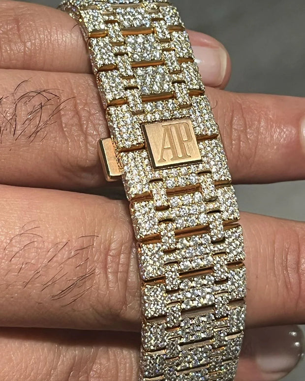 GRA Certified VVS Moissanite AP Watch | 41mm Audemars Piguet in Rose Gold | Swiss Movement Automatic Watch |Fully Bustdown Stainless Steel Watch